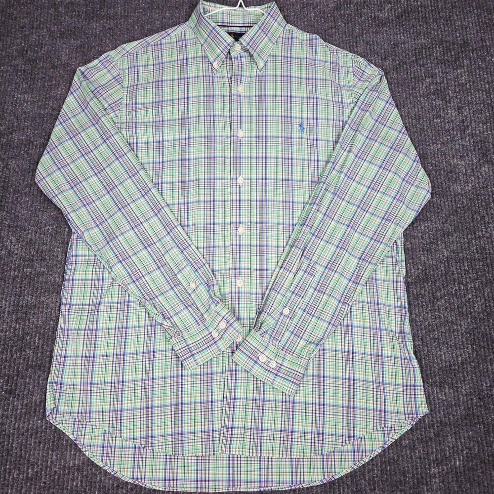 Polo Ralph Lauren Performance Mens Large Green Blue Plaid Stretch Button Down